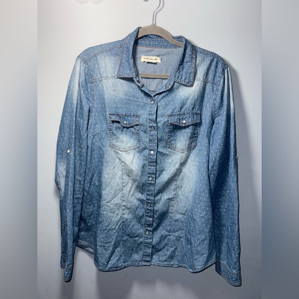 Cavalini Denim Collection Button Down Polka dot Long Sleeve Chambray Top XL EUC